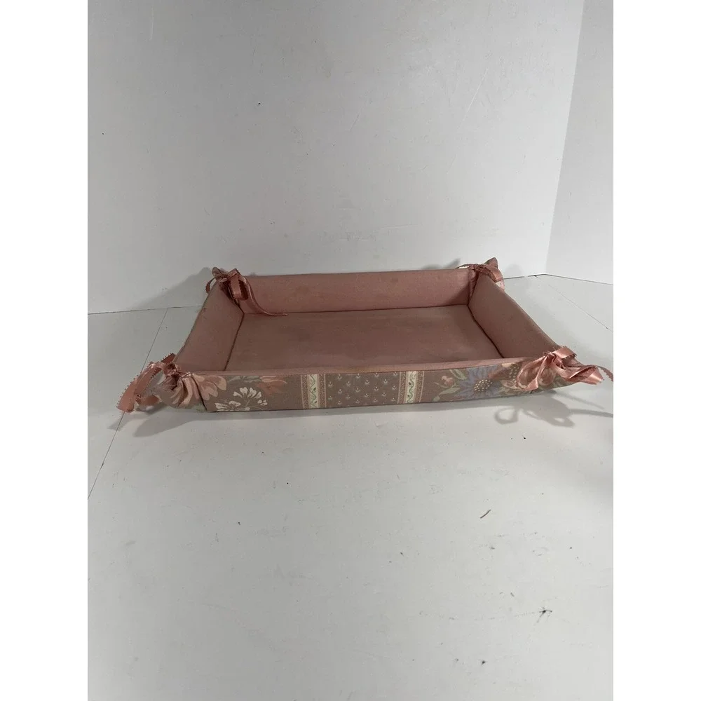 Vintage Floral Fabric Lined Tray Basket W Mid Century Ribbon Lace On Edges Liner